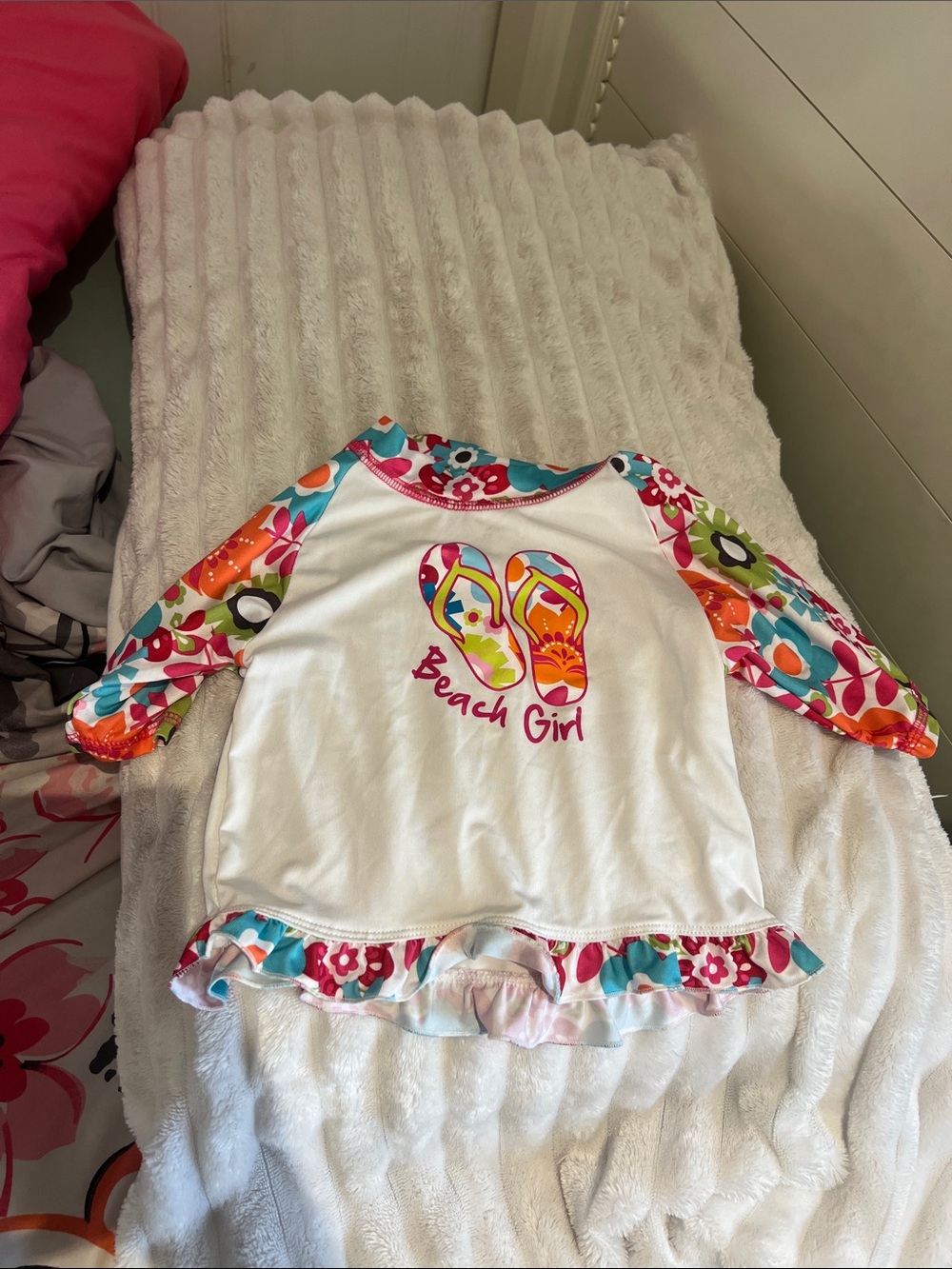 Beach Girl Flip-Flop Ruffle Rash Guard Top - White with Bright Floral Sleeves